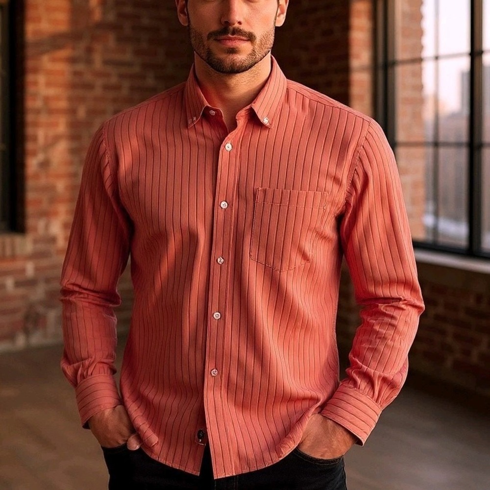 Bugatchi Uomo Mens Large Orange‎ Stripe Long Sleeve Button Down Shirt
